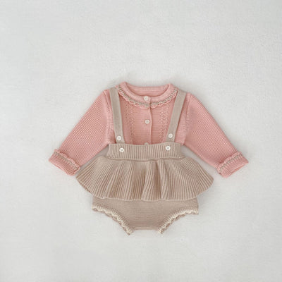 Conjunto de Dos Piezas para Bebé Niña - Cardigan Bicolor con Falda Pantalón Suspensores - Image 22