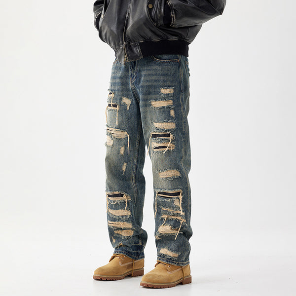 Pantalones Vaqueros Anchos Rotos con Detalles de Agujeros y Parches Personalizados para Hombre