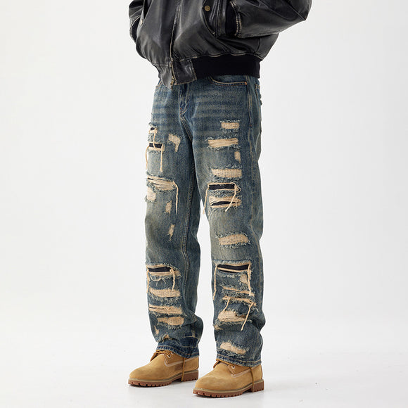 Pantalones Vaqueros Anchos Rotos con Detalles de Agujeros y Parches Personalizados para Hombre
