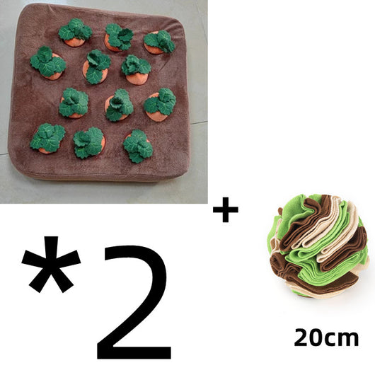 Brown plush snuffle mat with ten orange carrot-shaped toys, each with green leafy tops, for pet foraging and play. - Image 10