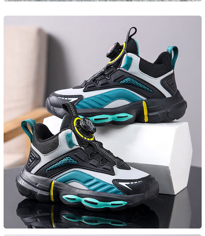 Black, white, and neon green children's basketball shoes with rotating buckle closure, featuring a mid-top design. - Image 33