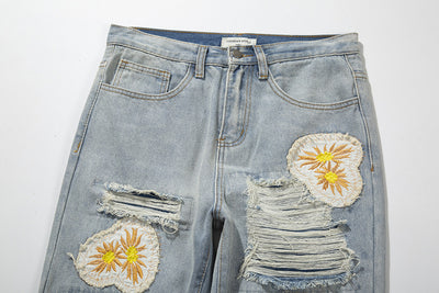 Jeans de Mezclilla con Parches Margarita Bordados Estilo Street - Image 4