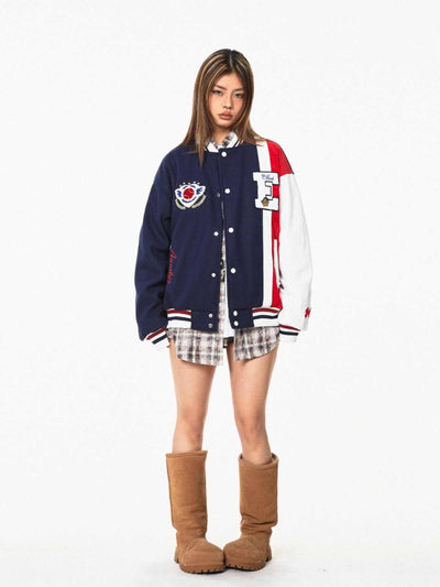 Chaqueta de Béisbol Retro con Parches de Contraste - Estilo Vintage Americano - Image 7