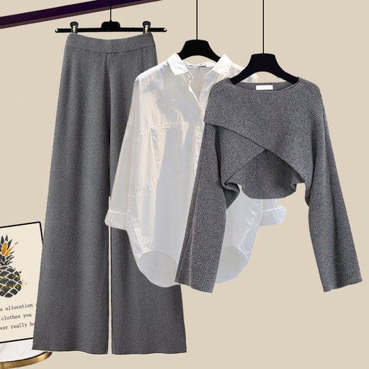 Conjunto de 3 Piezas: Suéter Tejido, Camisa y Pantalón Ancho - Image 6