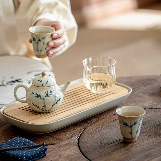 Juego de Té Gaiwan Porcelana Pintada a Mano con Diseño Bambú Azul