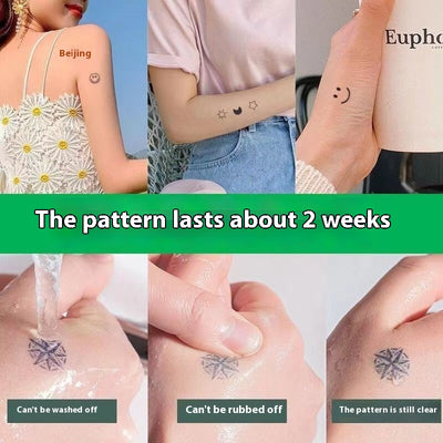 Sheet of 24 black outline doodle temporary tattoo stickers including a bow, heart, crown, sun, stars, and flowers. - Image 3