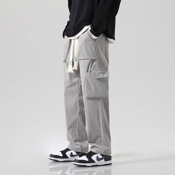 Pantalón Cargo Corduroy Holgado Multibolsillos de Corte Recto