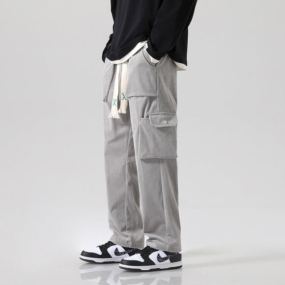 Pantalón Cargo Corduroy Holgado Multibolsillos de Corte Recto