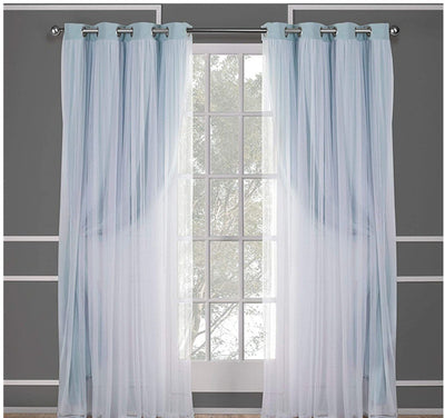 Dark blue double layer shading curtains with white sheer lace overlays, hung on a silver grommet rod. - Image 13