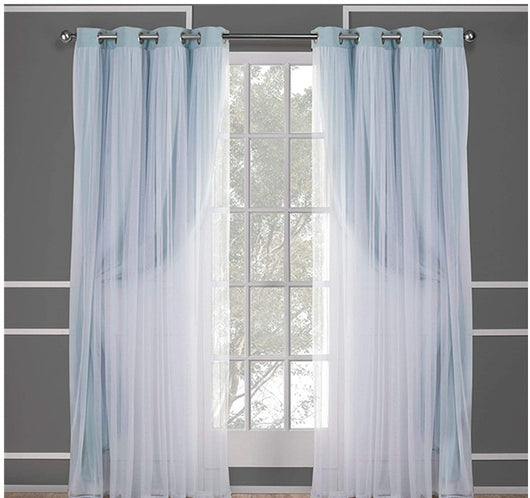 Dark blue double layer shading curtains with white sheer lace overlays, hung on a silver grommet rod. - Image 13