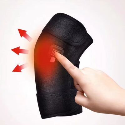 Black electric heating kneecap cover with hot compress massage, shown on a leg with a hand pressing the power button, indicating heat.