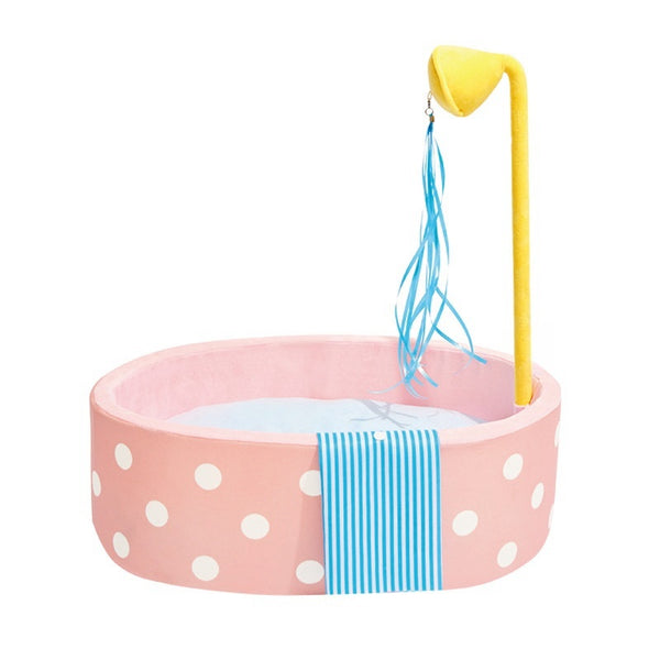 Pink polka dot pet bed shaped like a bathtub with a yellow showerhead toy and blue streamers, plus a blue striped 'towel'. - Image 5