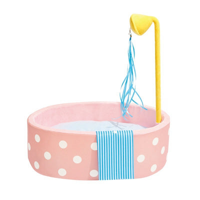 Pink polka dot pet bed shaped like a bathtub with a yellow showerhead toy and blue streamers, plus a blue striped 'towel'. - Image 5