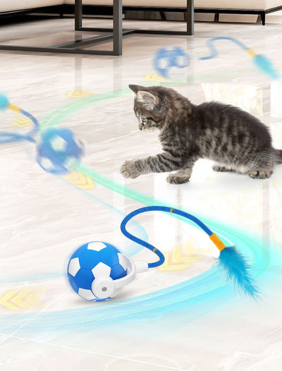 Interactive cat toy with a blue and white soccer ball, a flexible yellow rod with bells, and a blue feather. - Image 9