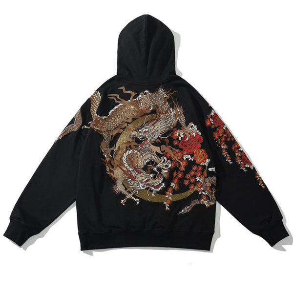 Sudadera con Capucha Bordada Dragón Estilo Industrial para Hombre
