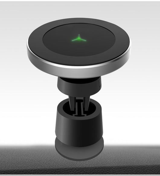 Silver and black car magnetic wireless charger with a blue indicator light, mounted on a car's air vent. - Image 11