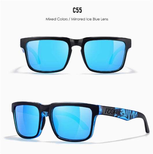 Men's and women's dazzling blue and black striped polarized sunglasses with gray lenses and a black case. - Image 46