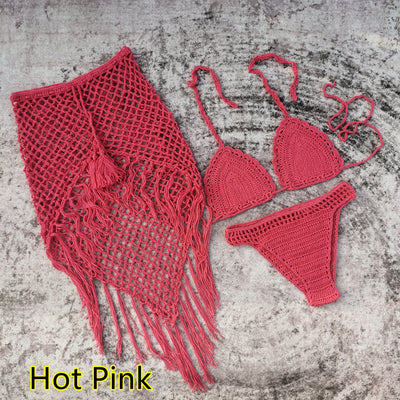 White 3-piece handmade crochet bikini set with triangle top, high-cut bottoms, and fringed mesh beach skirt. - Image 6