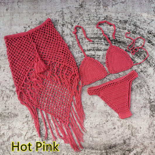 White 3-piece handmade crochet bikini set with triangle top, high-cut bottoms, and fringed mesh beach skirt. - Image 6
