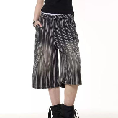 Pantalones Cropped de Pierna Ancha con Rayas Vintage Desgastadas para Mujer - Image 10