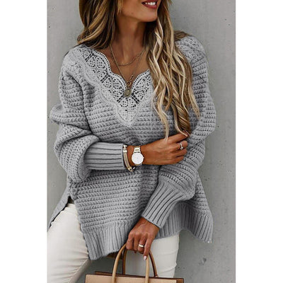 Suéter de Cuello en V con Encaje - Colección Invierno Europeo