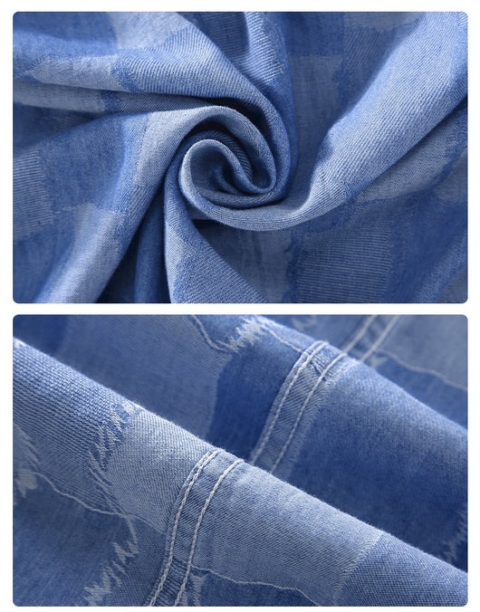 Camisa Denim Estampada de Manga Corta Cuadros Verano Hombre - Image 10