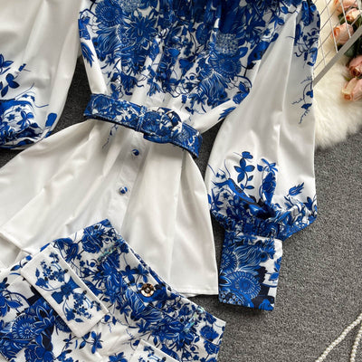 Conjunto Vintage: Blusa Porcelana Azul y Blanca + Short Ancho Versátil - Image 10