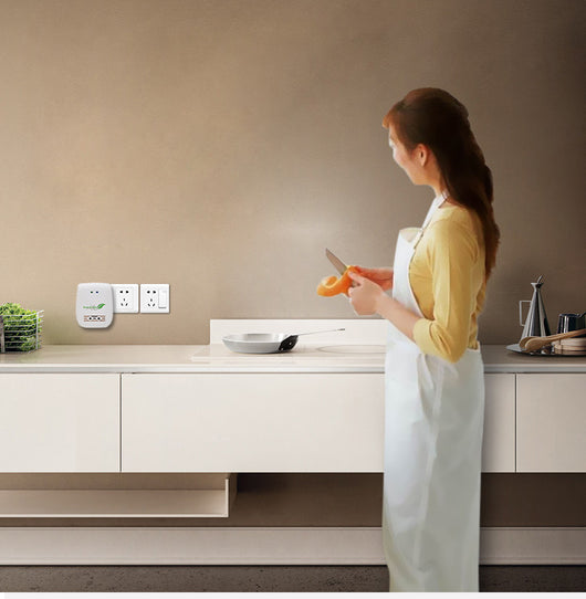 White and light blue plug-in air purifier with a leaf logo and 'Rnai Purifier' text on the front. - Image 3