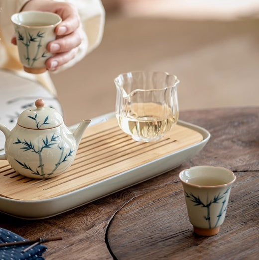 Juego de Té Gaiwan Porcelana Pintada a Mano con Diseño Bambú Azul - Image 14