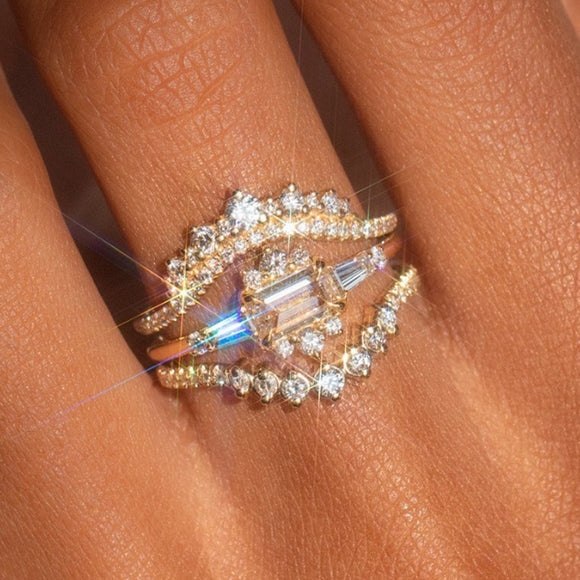 Anillo de Tres Piezas con Circón Brillante Inspirado en Japón y Corea del Sur