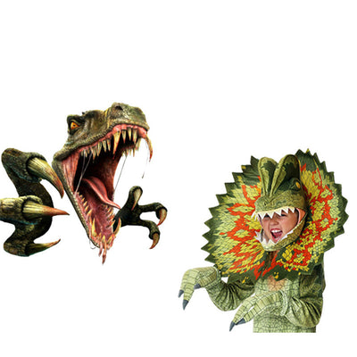 Child modeling a green frilled lizard dinosaur costume with orange and yellow frill, tail, and claws. - Image 8