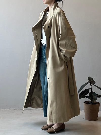 Abrigo Trinchera Largo Mujer Cuello Alzado Oversized Abotonado Simple - Image 16