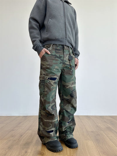Pantalones Cargo Militares Desgastados con Bordados y Corte Recto Holgado - Image 3