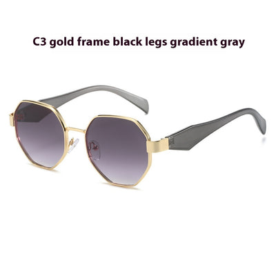 Polygonal sunglasses with a gold metal frame, beige temples, and dark black-gray lenses on a white background. - Image 11