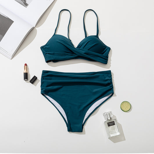 Women's black two-piece bikini with a twisted front bandeau top and high-waisted ruched bottoms. - Image 21