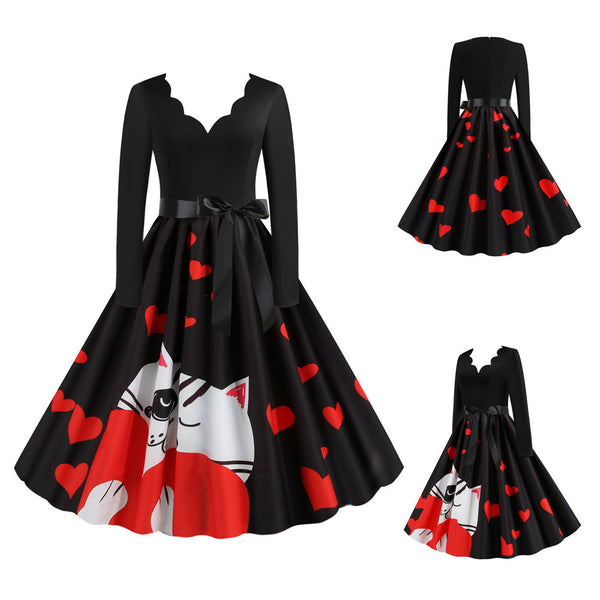 Vestido Largo Estampado Flores Ardientes Cuello V Manga Larga Amplio