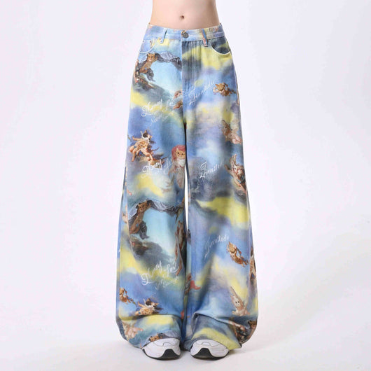 Pantalones Anchos con Estampado Artístico de Ángel y Gatito - Image 10