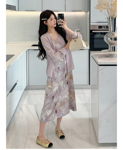 Conjunto Dos Piezas: Vestido Slip Estampado Morado con Cardigan Suave - Image 9