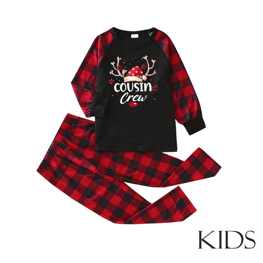 Kids' black and red buffalo plaid Christmas pajamas with 'Cousin Crew' graphic and reindeer antlers. - Image 9