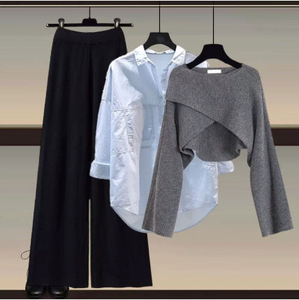Conjunto de Tres Piezas Otoño-Invierno: Suéter Tejido, Camisa y Pantalón Ancho para Mujer - Image 7