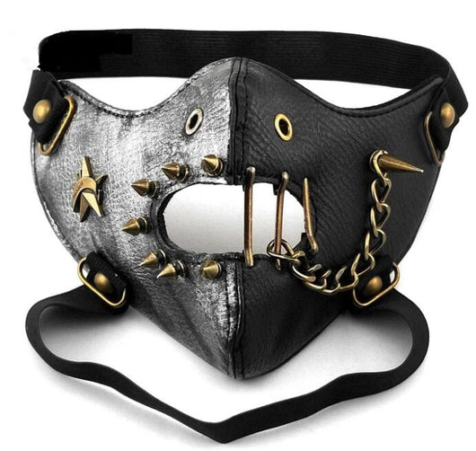 Black leather half-face mask with brass chains, spikes, and gear accents, featuring adjustable elastic straps. - Image 11