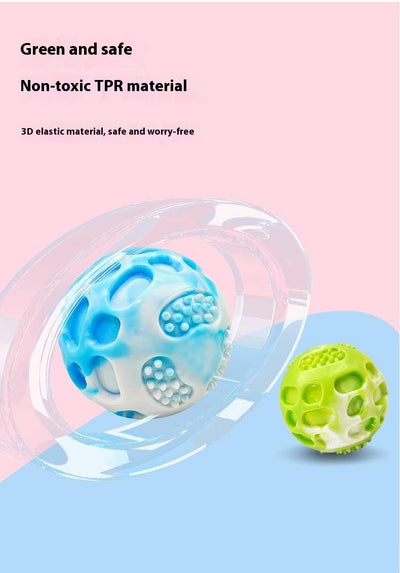 Blue and white marbled rubber dog toy ball with textured nubs and hollows, approximately 6cm in diameter. - Image 9