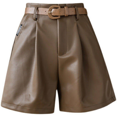 Shorts de Cuero PU Cintura Alta con Cinturón - Estilo A-line Moderno para Mujer - Image 7