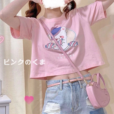 Blusa Crop Top Japonesa Suelta y Fresca - Camiseta Corta Versátil de Cintura Alta - Image 3