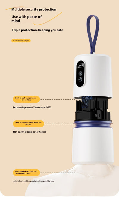 White and blue mini household air dryer with a digital display and hanging loop, shown next to a gold smartphone. - Image 17