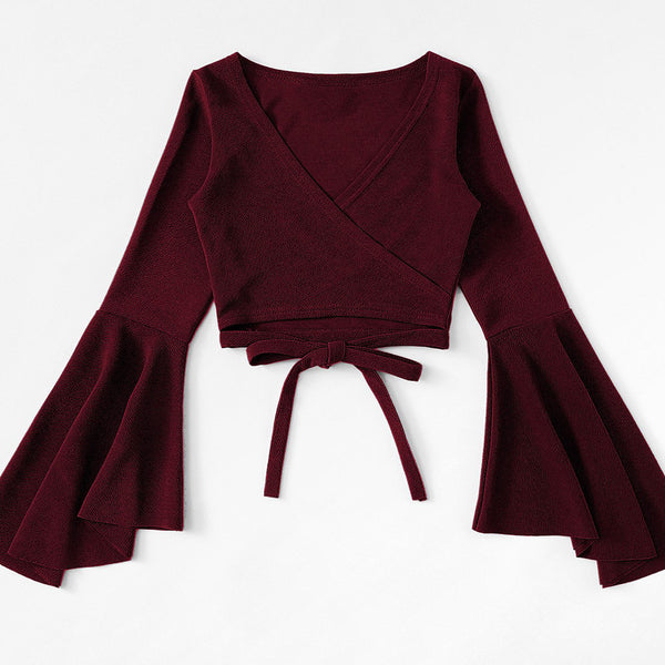 Blusa Crop Top Manga Murciélago Rojo Oscuro para Otoño e Invierno - Image 2