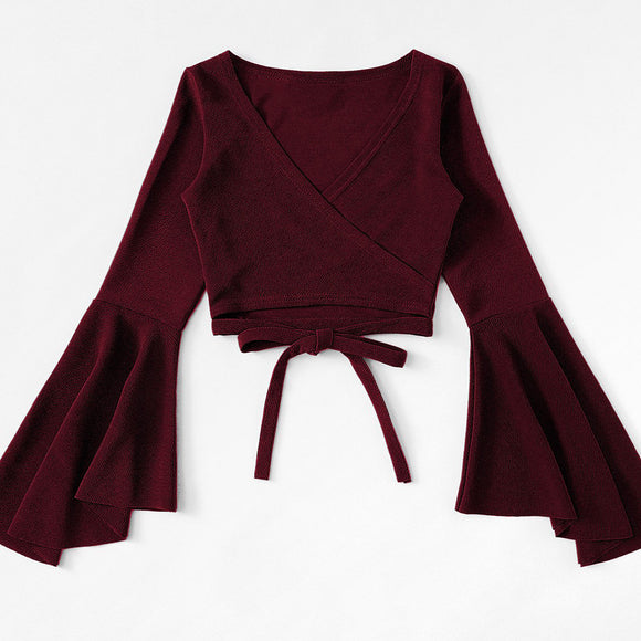 Blusa Crop Top Manga Murciélago Rojo Oscuro para Otoño e Invierno