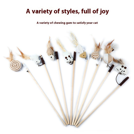 Cat teaser toy with a long wooden pole, a striped ball, brown feathers, and a small bell.