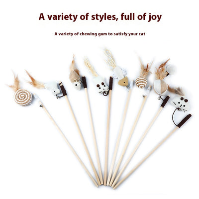 Cat teaser toy with a long wooden pole, a striped ball, brown feathers, and a small bell.