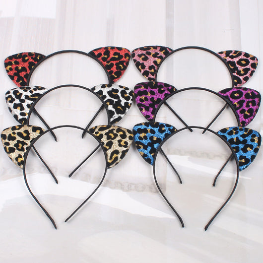 Diadema con Orejas de Gato Aterciopeladas con Glitter y Estampado de Leopardo